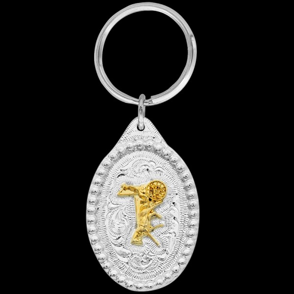 Gold Carriage Driver, The Carriage Driver keychain includes a beautiful beaded border, a carriage driver 3D figure, and a key ring attachment. Each silver key chain is buil